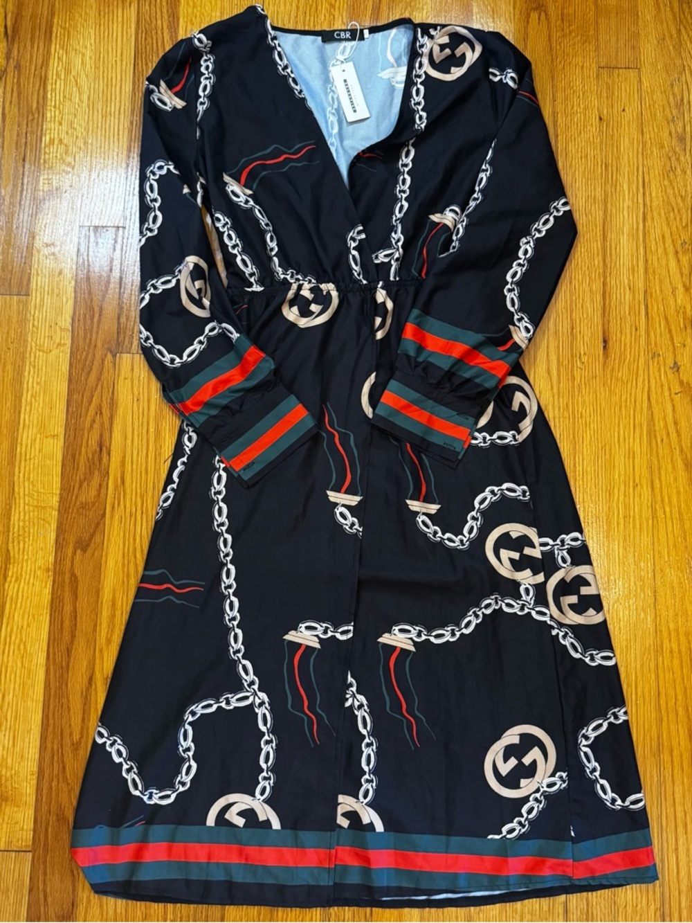 NEW CBR Abstract Flowy Dress Belt Size XL NWT A Line V Neck Chain Print Blue